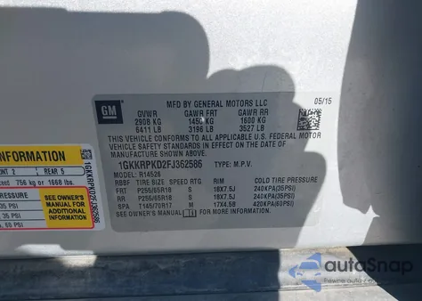 2015 GMC Acadia Sle-2 from USA, damaged, VIN 1GKKRPKD2FJ362586